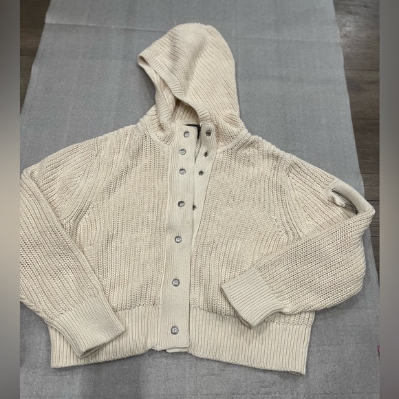 [XL]Banana Republic Varo Cream Chunky Knit Hooded Bomber Sweater Organic Cotton - Picture 2 of 9